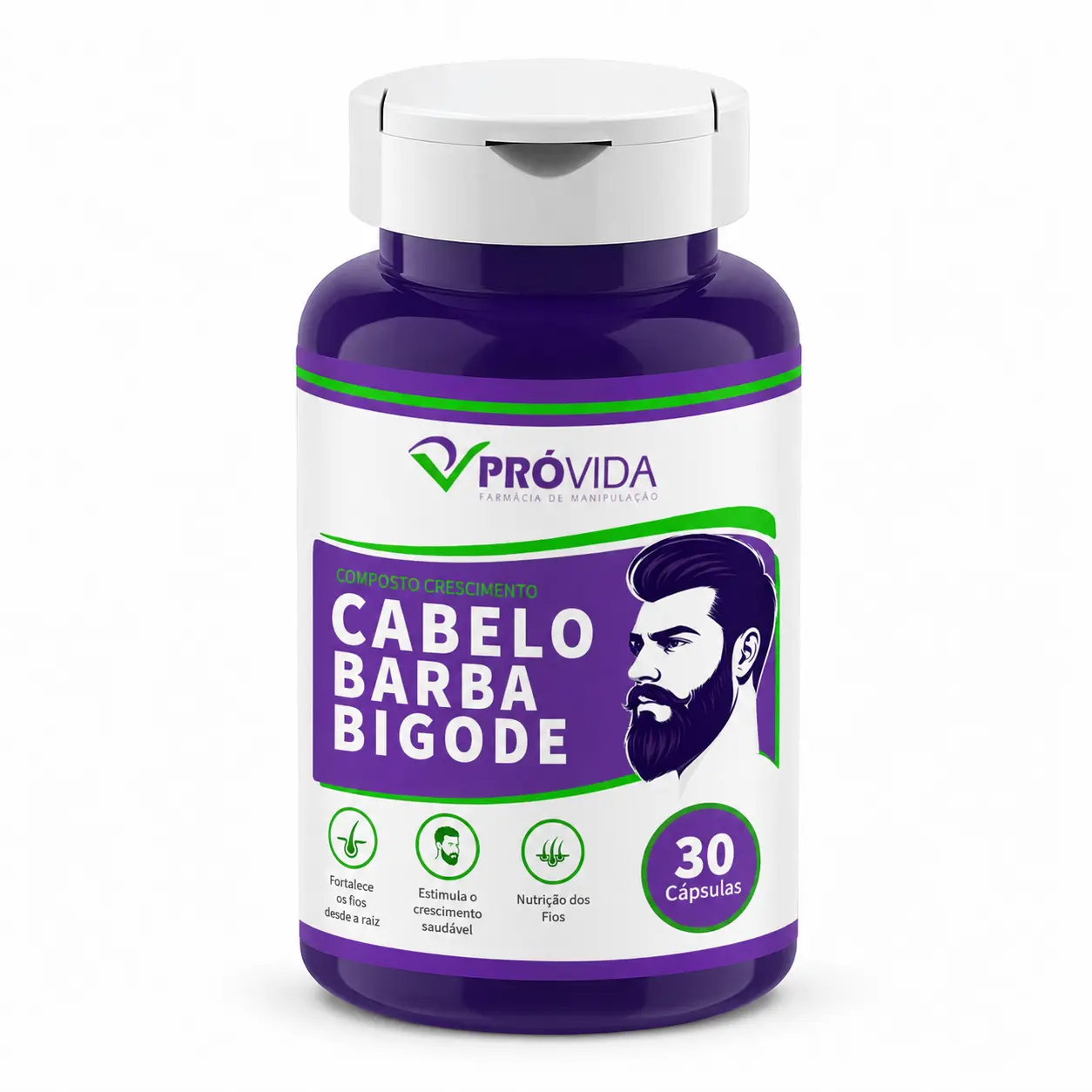 Composto para Crescer Barba, Cabelo e Bigode - 30 Cápsulas - Pró Vida Farma